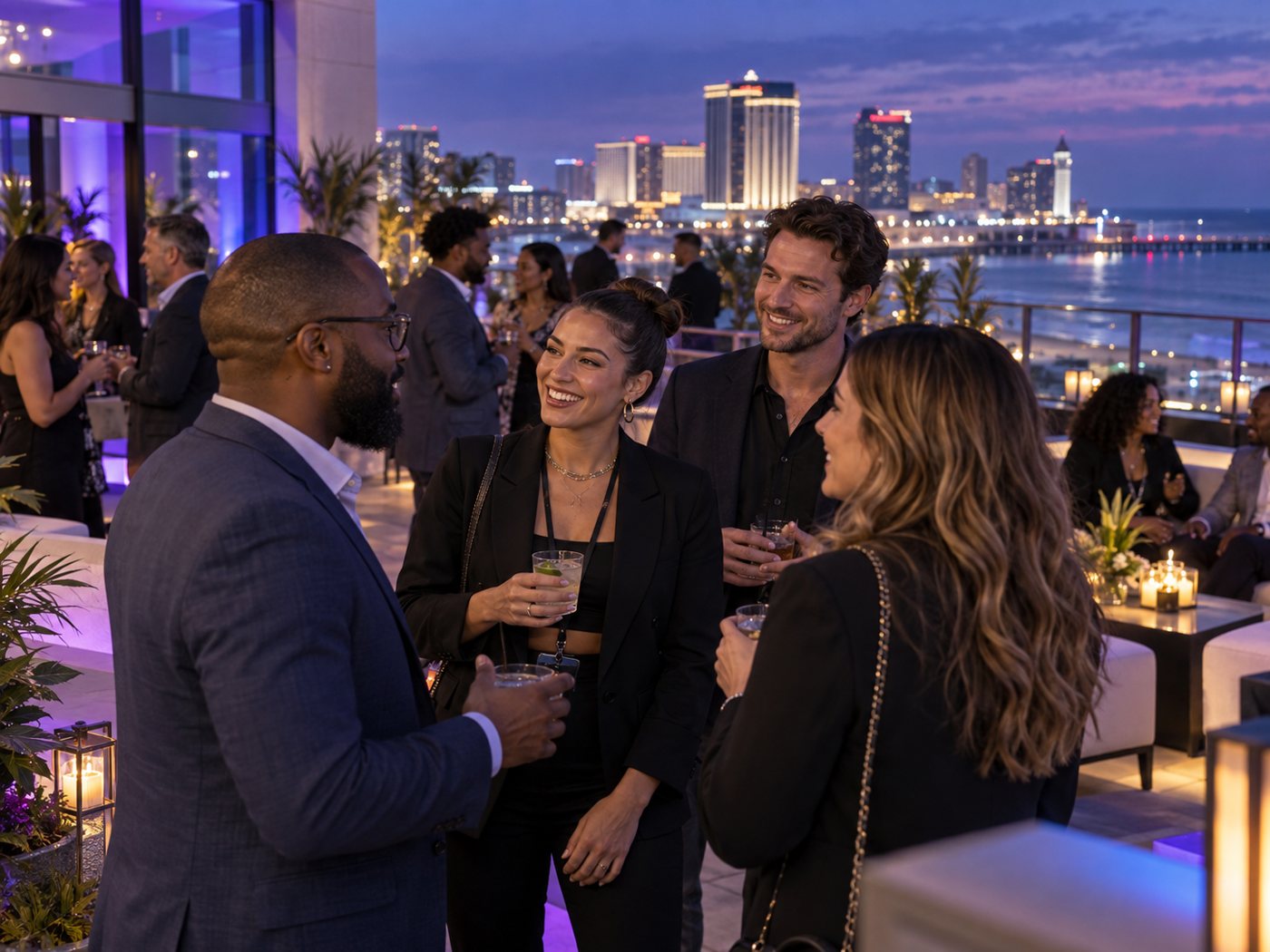 Guests talking at an evening rooftop networking reception