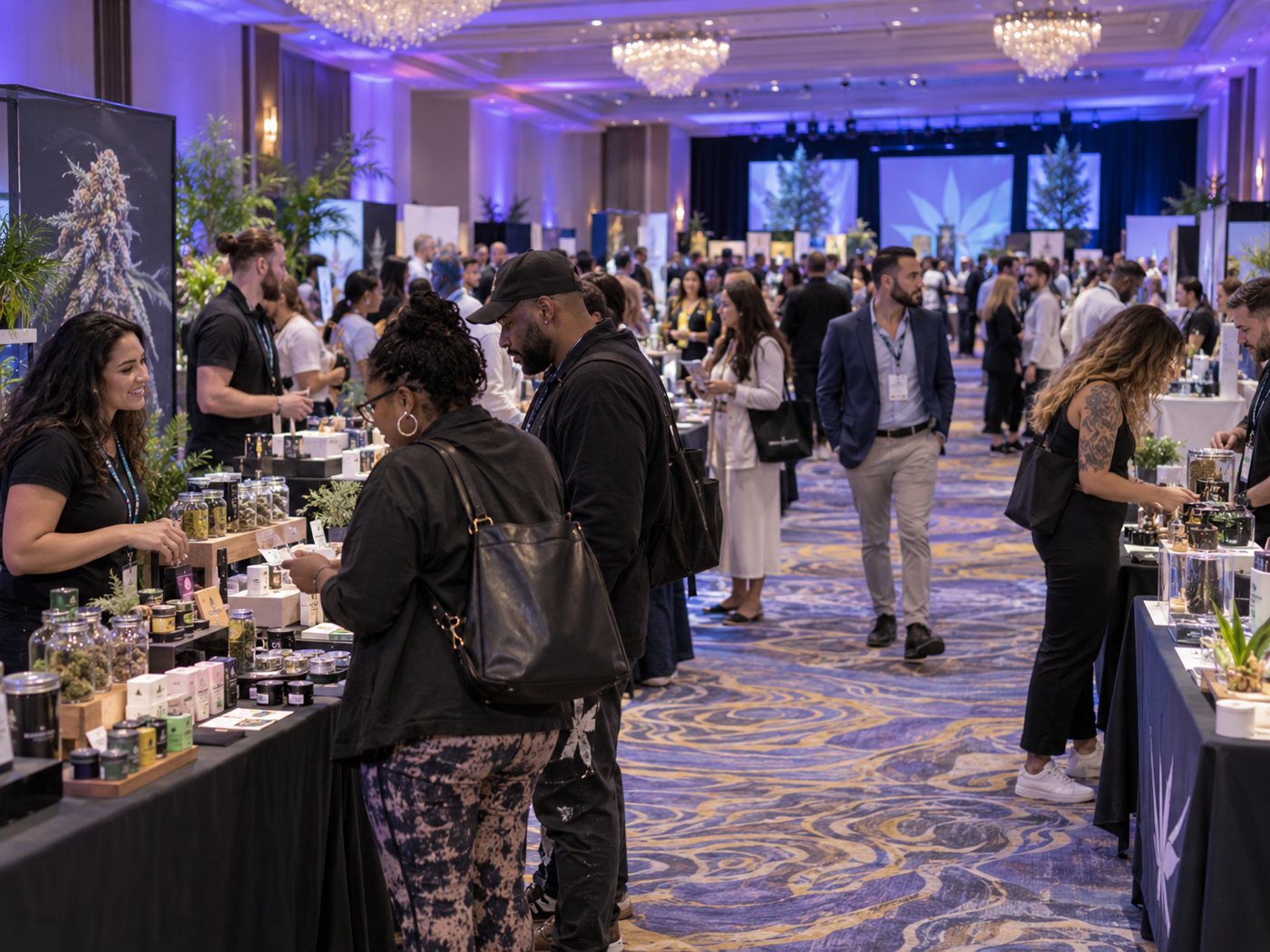 Visitors walking between exhibitor tables and browsing products at a cannabis business expo