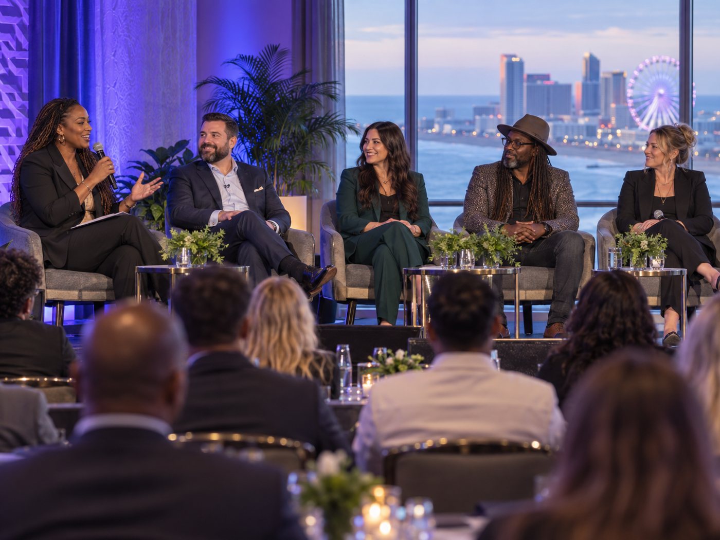 Industry professionals taking part in a panel discussion before an audience