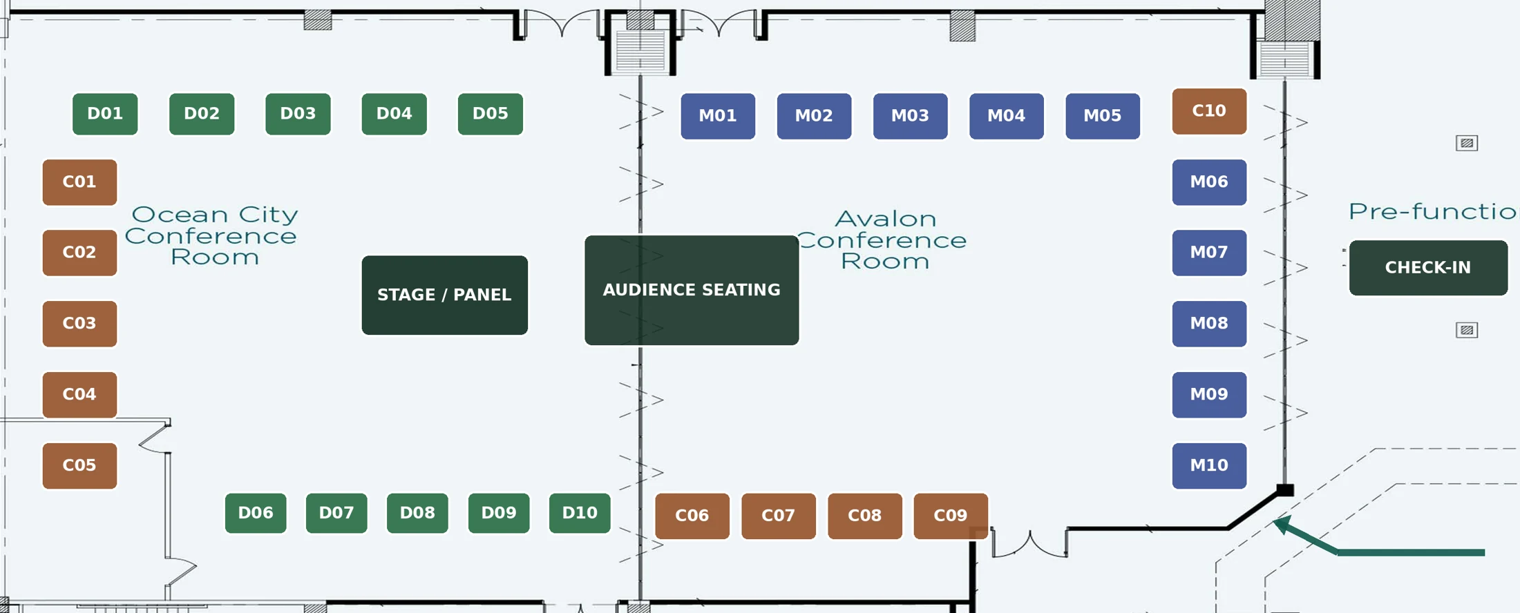 Proposed layout showing 10 dispensary, 10 manufacturer and 10 cultivator tables along the room edges, with a central panel stage and audience seating
