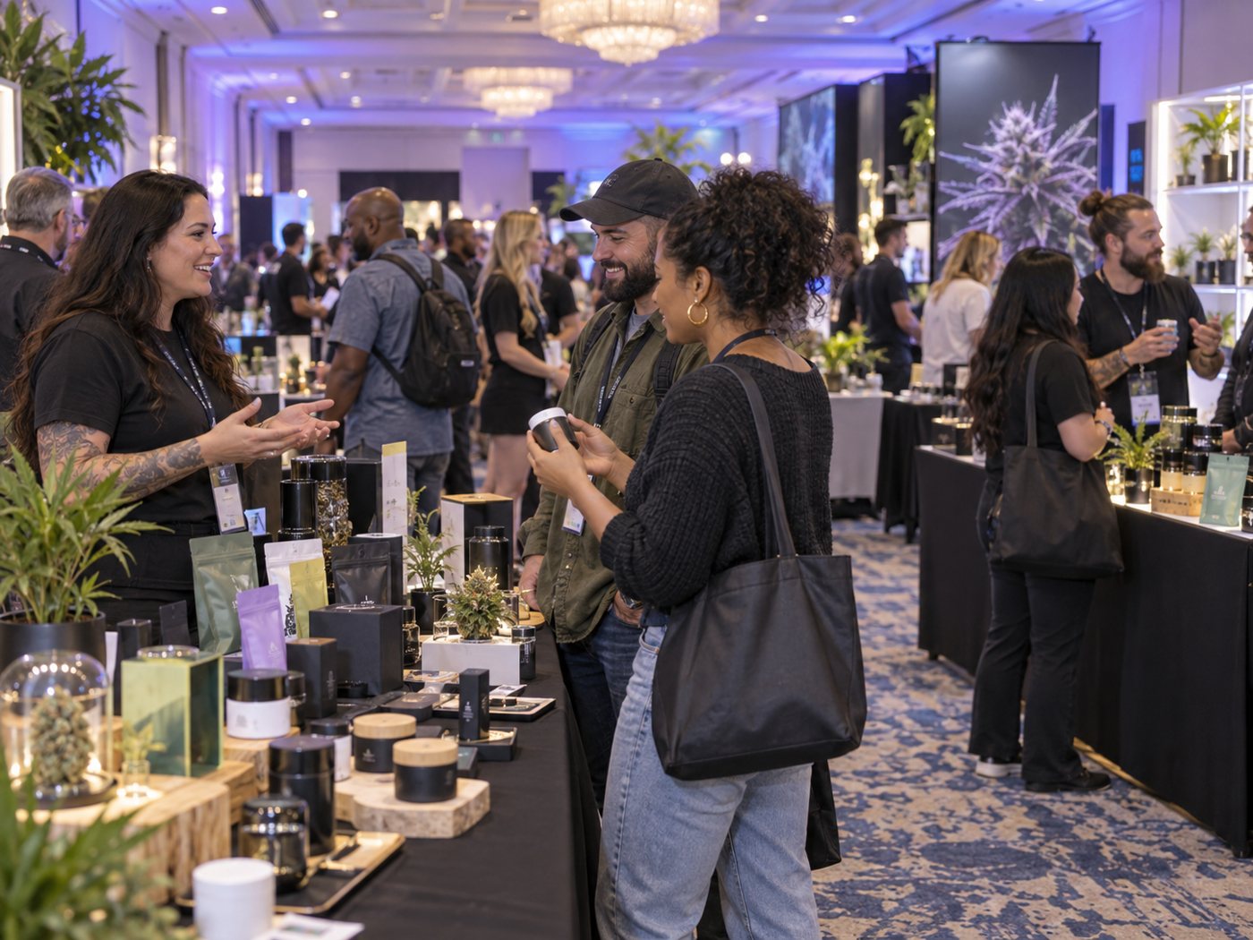 Visitors examining products and speaking with an exhibitor at a display table