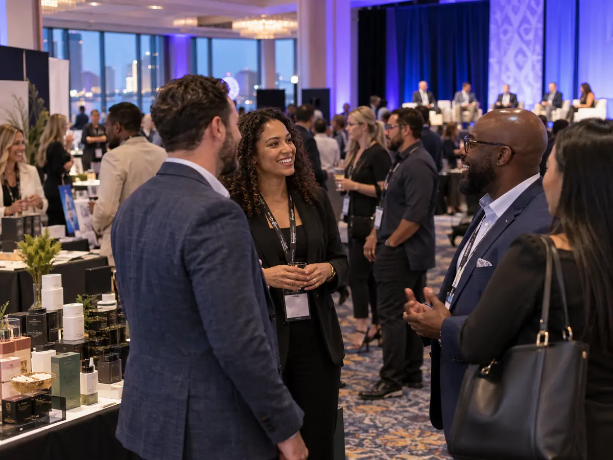 Attendees meeting around exhibitor tables in a conference hall